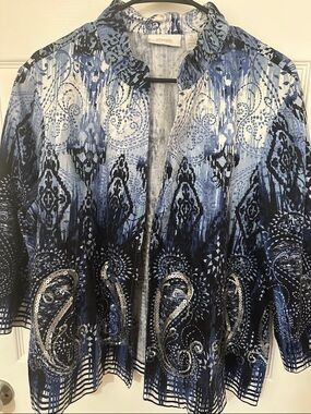 Chico's White and Blue Paisley Sequin light weight jacket